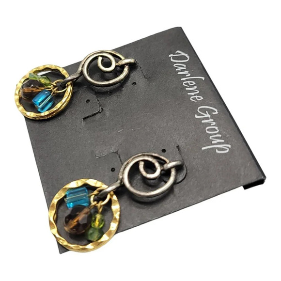 Darlene Group Two Tone Gold Silver Multi Colored Glass Bead Spiral Dangle Earrin - Picture 3 of 4